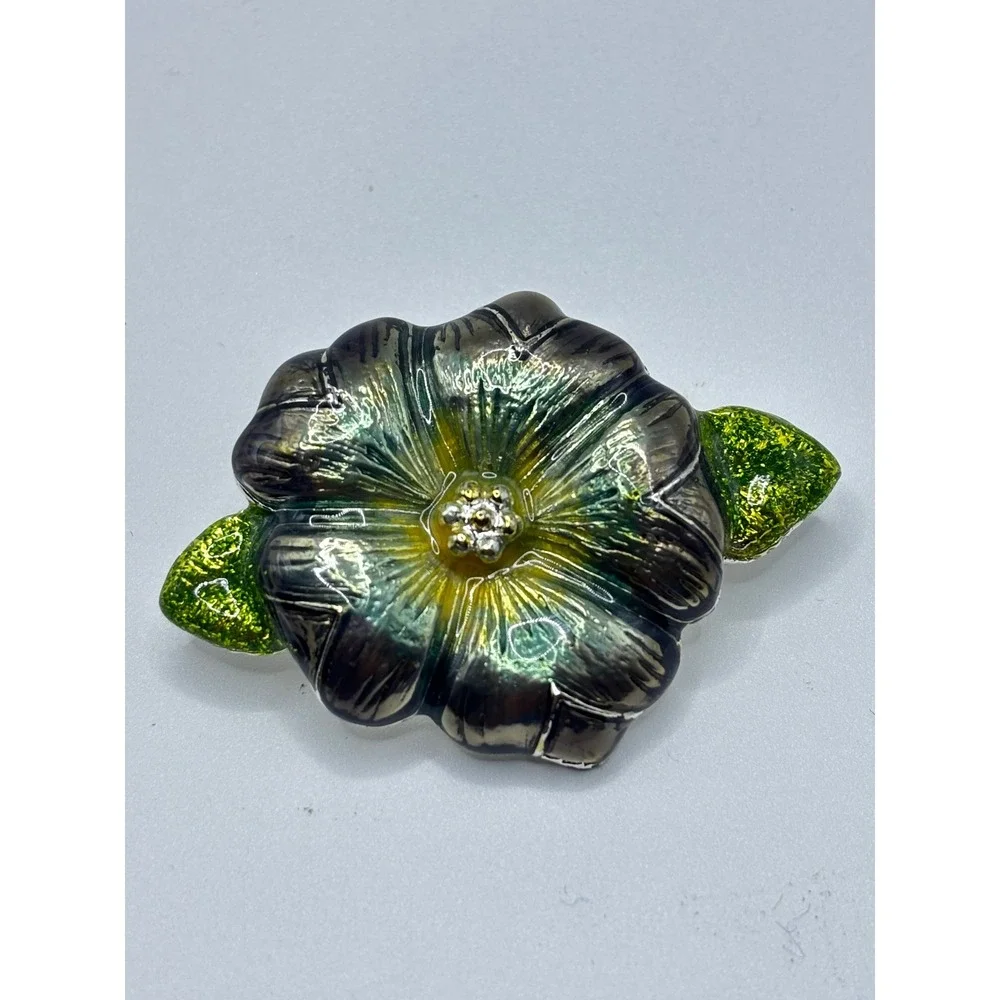 Vintage Enamel Flower Brooch Iridescent Teal Green Leaf Silver‎ Tone Floral Pin